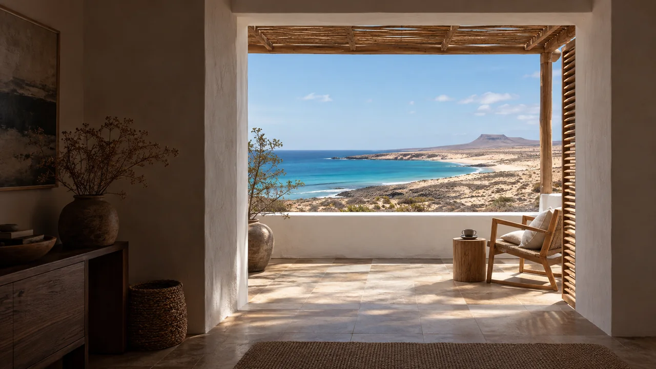 Illustrazione di una casa affacciata sull’Atlantico, ispirata a Boa Vista