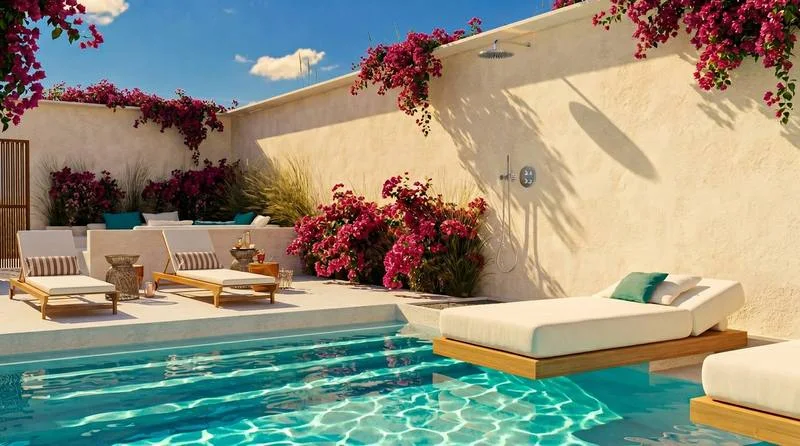 Tropical Retreat — area piscina di una residenza, visualizzazione di progetto
